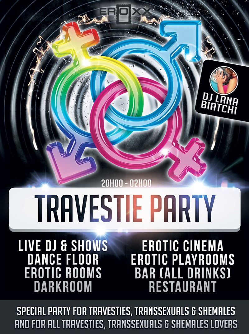 Image <p>Elke 3e donderdag van de maand is Club Eroxx Travestie the place2be voor travestie en de liefhebbers ervan, want dan organiseren we een weergaloze Tgirls- travestie-Night.&nbsp; Deze party is steeds druk bezocht door Travesties, Shemales, T-girls en Transgenders, maar ook door mannen en vele BI-koppels die het wel eens leuk vinden onder de travesties te begeven. Deze party is ook een aanrader voor wie zich eens op een iets meer kinky party wil begeven, want op deze party zijn er ook wel eens lak, leer, crossdressers fetisj liefhebbers aanwezig. Samen maken ze er steeds weer een unieke party van. Voor travesties de ideale gelegenheid om eens vrij uit te kunnen gaan zoals ze willen zijn, een babbel aan de toog, een dansje wagen op de dansvloer, zien en gezien worden. Voor de aanwezige mannen zijn er steeds wel gewillige travesties aanwezig. Iedereen is welkom en niemand is verplicht zich als travestie op te maken. Sex kan (maar moet niet) in de ruime en mooie relaxruimtes achter de dansvloer of in de sexcinema. . Je kan ook komen voor de shows of eens kennismaken met de wereld van travestie. Met muziek met hits van heden en verleden.&nbsp; Muziek door de porno blonde haren, lange benen en high heels : DJ Lana. Open van 20/02hr , prijs All-In (alle danken en vele warme en koude gerechten van het buffet dat open is van 20/22hr. Prijs koppels is 60&euro;, single mannen betalen 80 en TV/Shemale maar 20&euro; .&nbsp;</p>